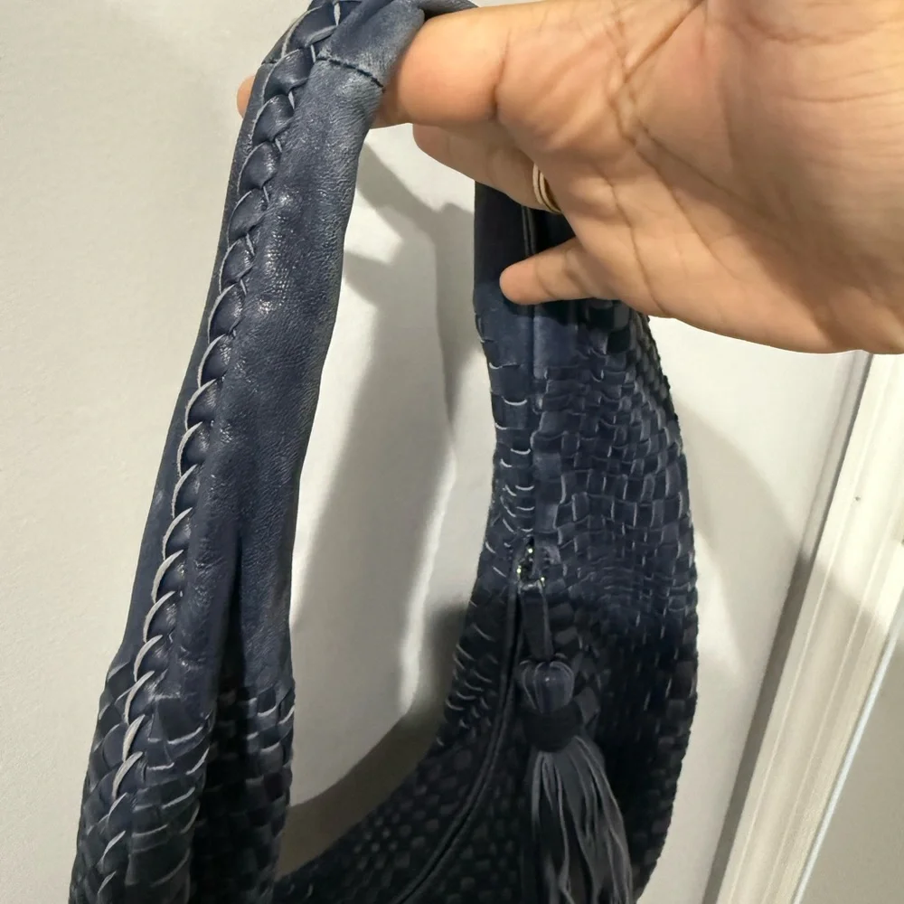 Jennifer Tattanelli Navy Intreccio Woven‎ Leather Tote Bag Blue Slouchy Hobo